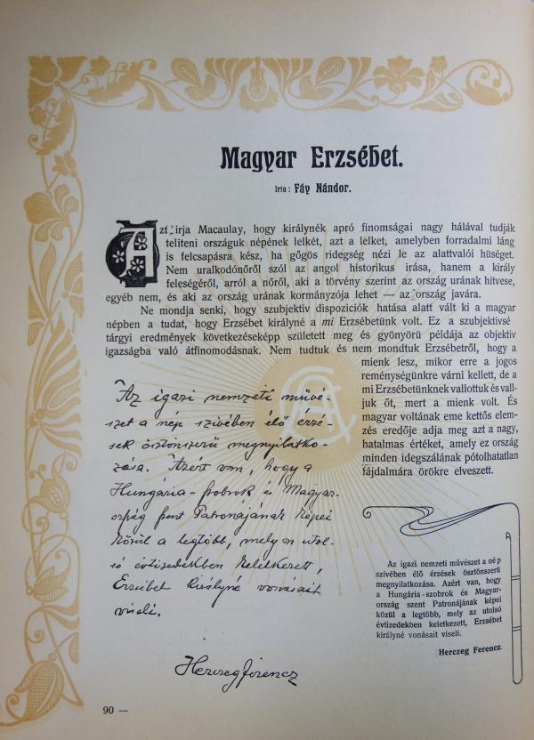 Erzsébet királyasszony emlékének.