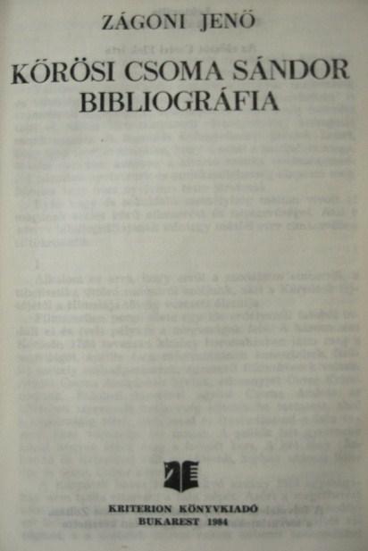 ZÁGONI Jenő: Körösi Csoma Sándor bibliográfia.